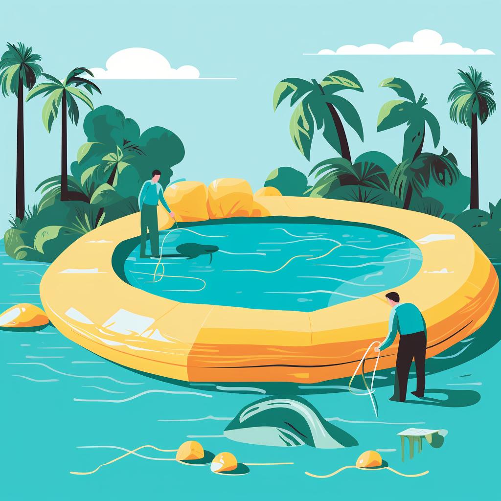 Person inspecting an inflatable pool for damage