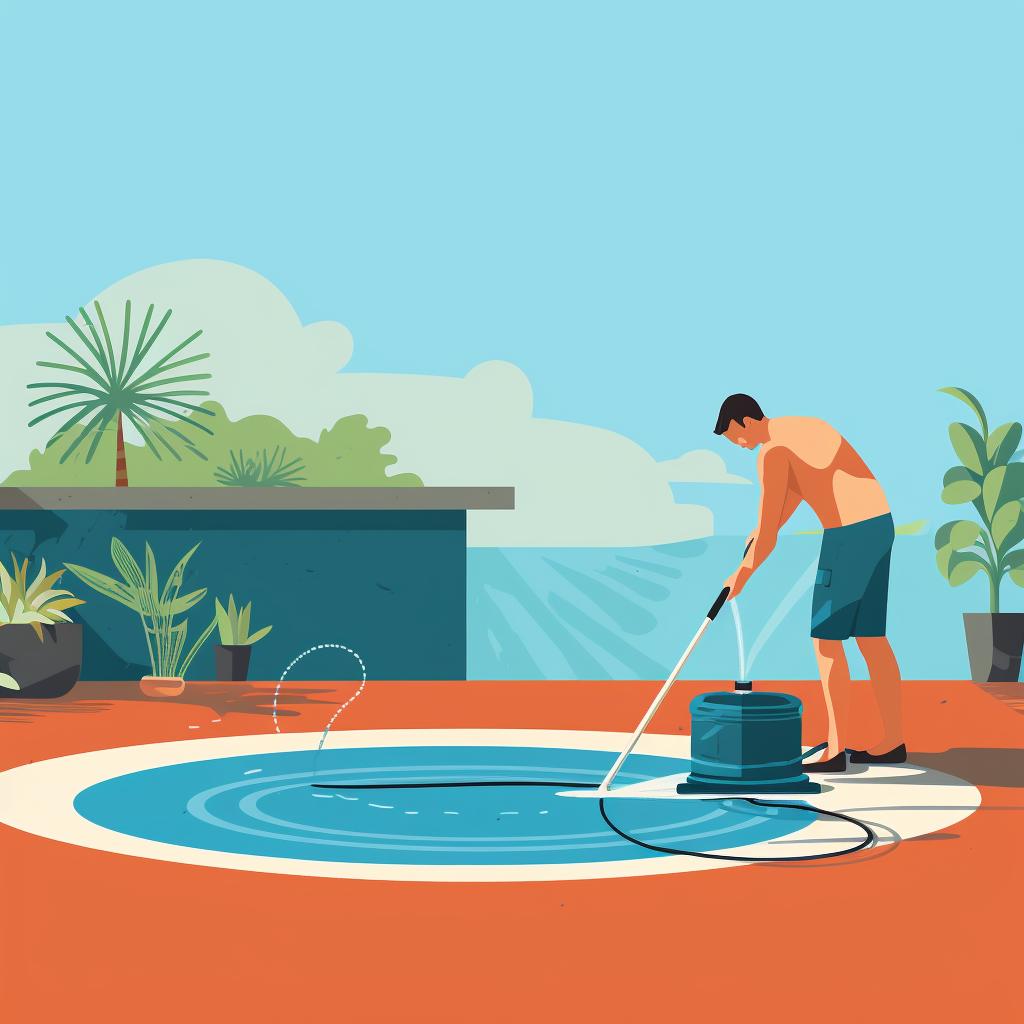 A person rinsing the pool cover with a hose after scrubbing.